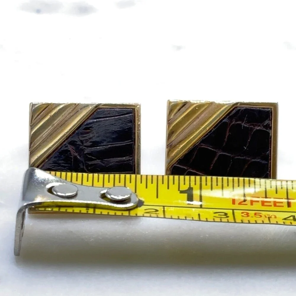 SWANK Vintage Gold Tone Brown Animal/Leather Detail Square Bullet Back Cufflinks
